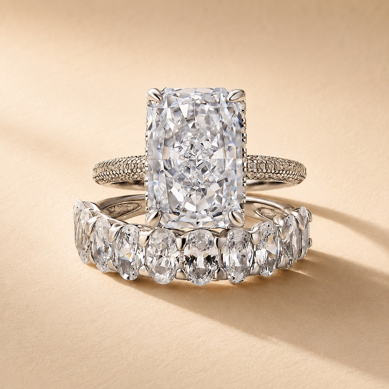 S925 Luxurious Elongated 6.0Ct Radiant Cut Wedding Ring Set For 