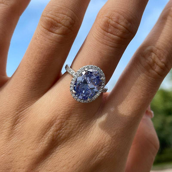 Louily Blue Sapphire Halo Oval Cut Engagement Ring for Women In Sterling Silver - louilyjewelry