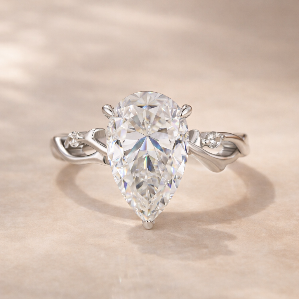 4.0Ct Pear Cut Twisted Willow Ring White Gold Moissanite Diamond Ring - louilyjewelry