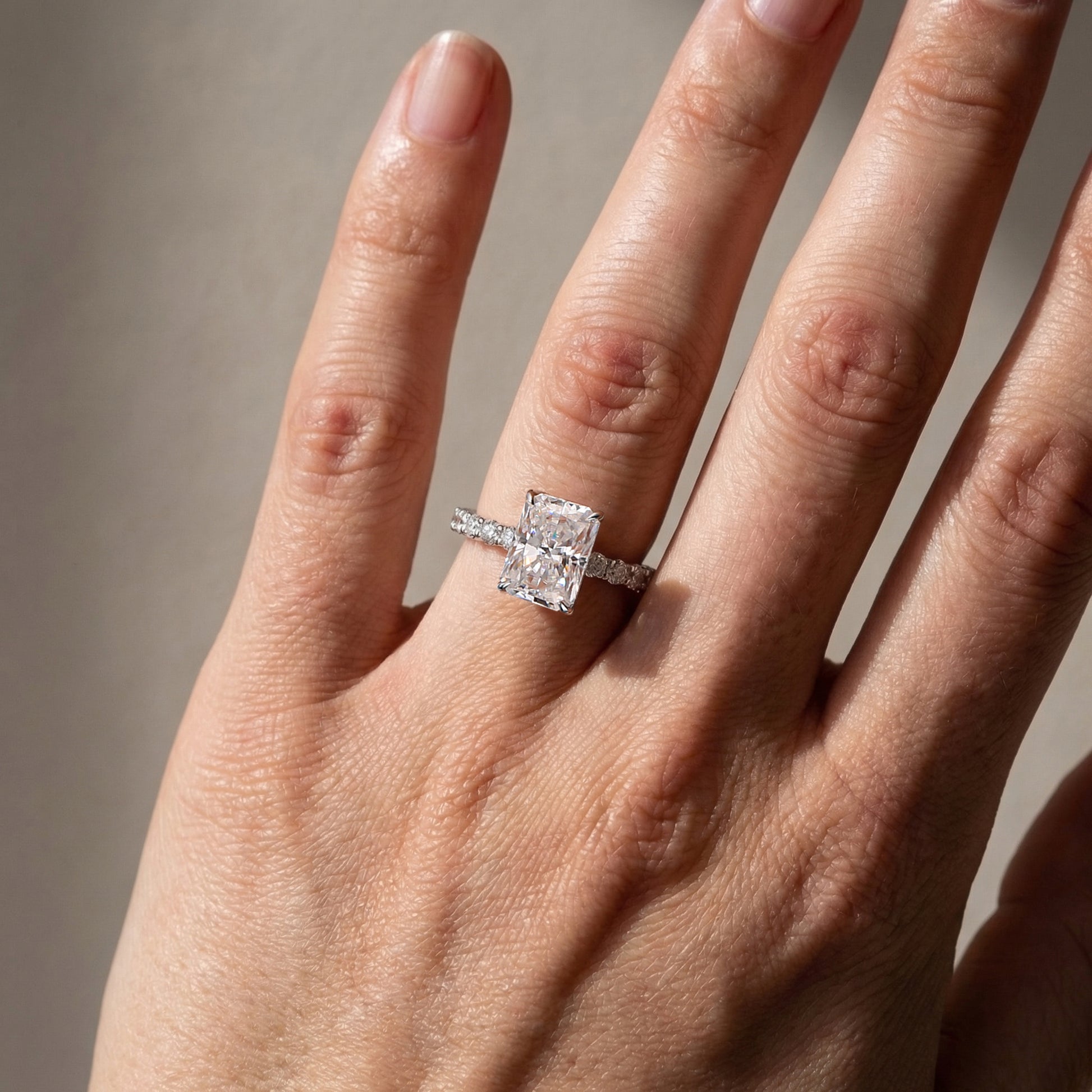 Moissanite 3.5Ct Radiant Cut White Gold Pavé Engagement Ring For Women - louilyjewelry