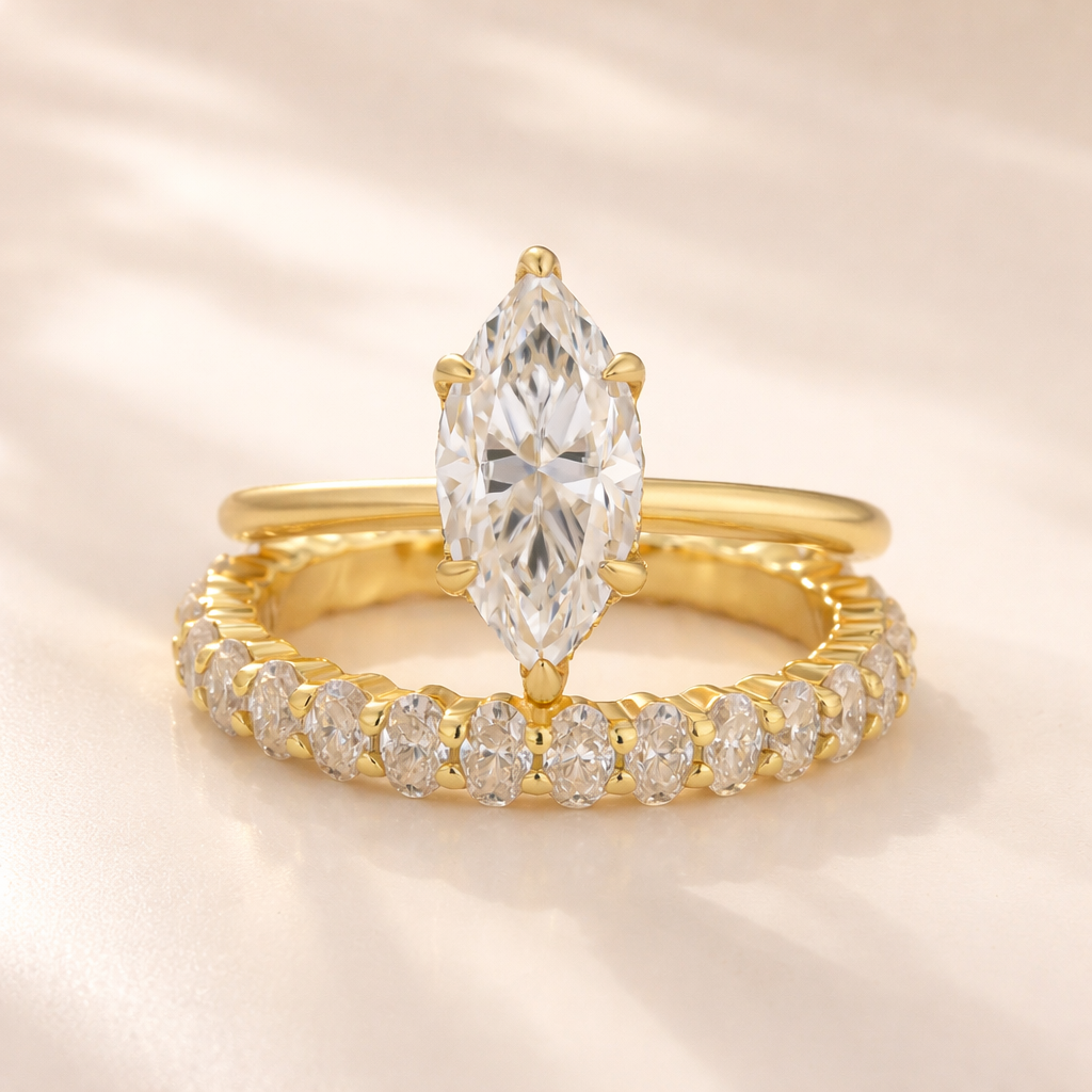 S925 Moissanite 2Ct Marquise Cut Engagement Ring With 3.0Ct Oval Full Pave Band Bridal Ring Set For Everyday Wear