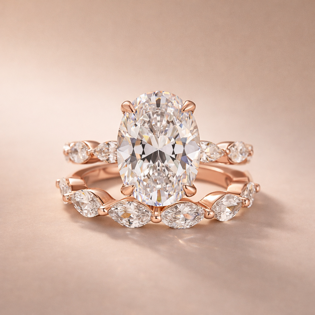 S925 2PC Wedding Ring Set 4.5Ct Oval Cut Engagement Ring With Marquise Cut Full Wedding Band