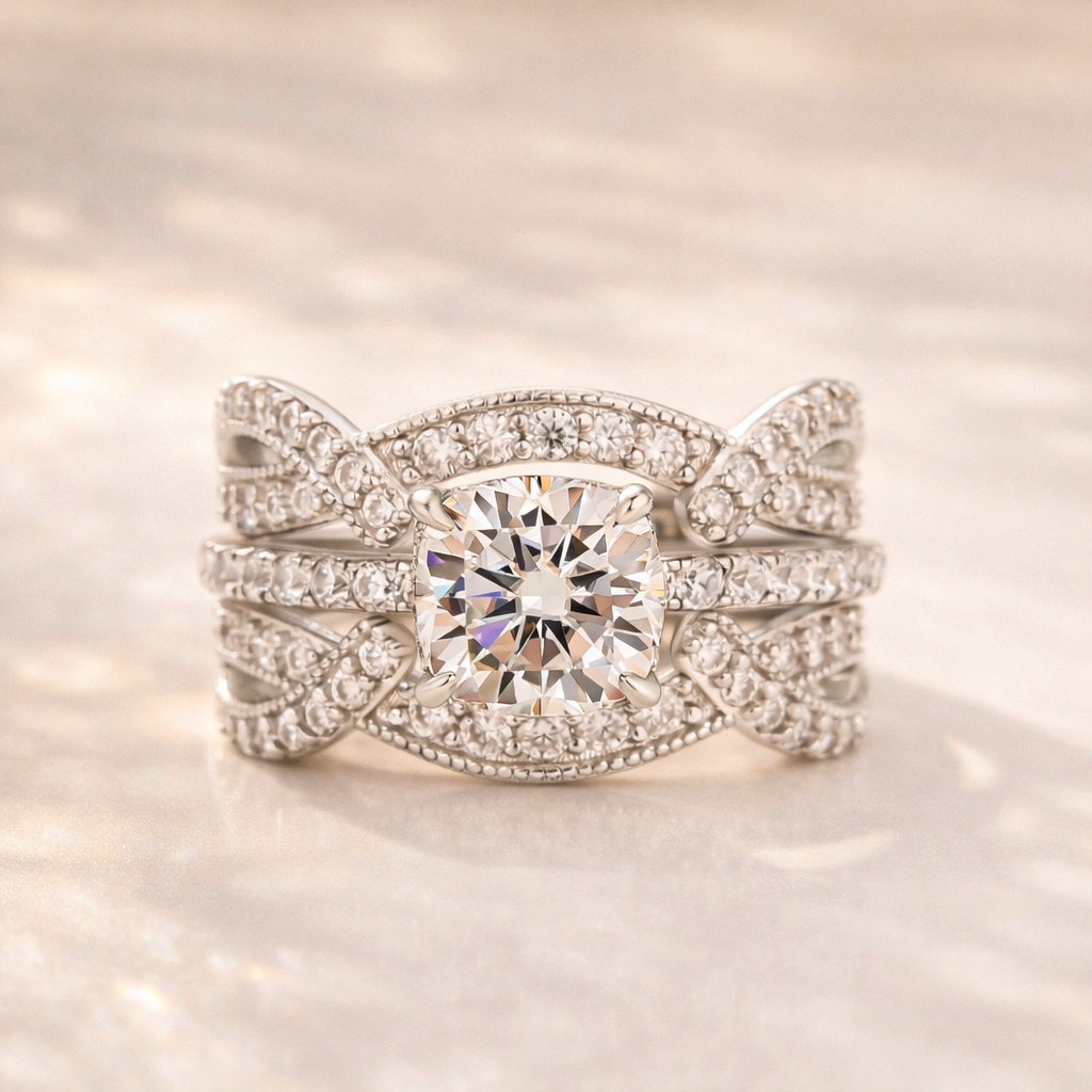 S925 Moissanite 2Ct Cushion Cut Wedding Ring & Twisted Pave 1.17Ct  Band 2PC Enhancer Bridal Ring Set