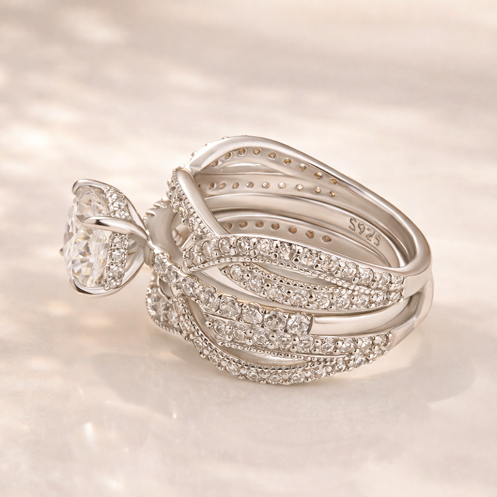 S925 Moissanite 2Ct Cushion Cut Wedding Ring & Twisted Pave 1.17Ct  Band 2PC Enhancer Bridal Ring Set