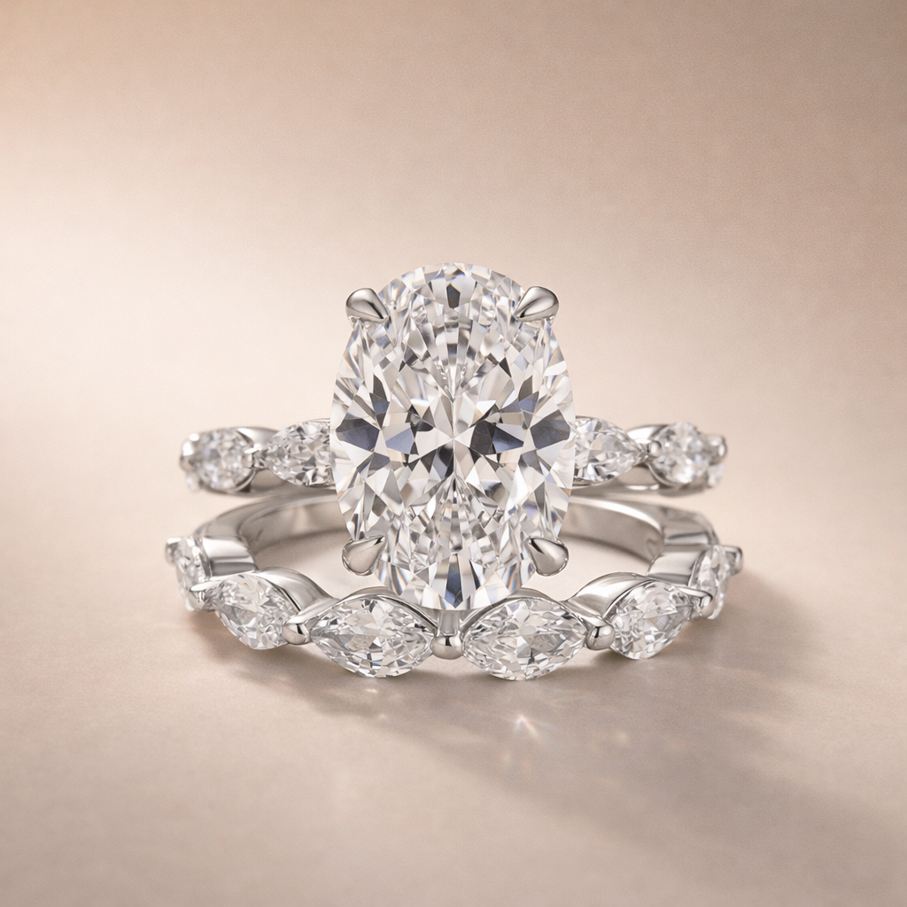 S925 2PC Wedding Ring Set 4.5Ct Oval Cut Engagement Ring With Marquise Cut Full Wedding Band