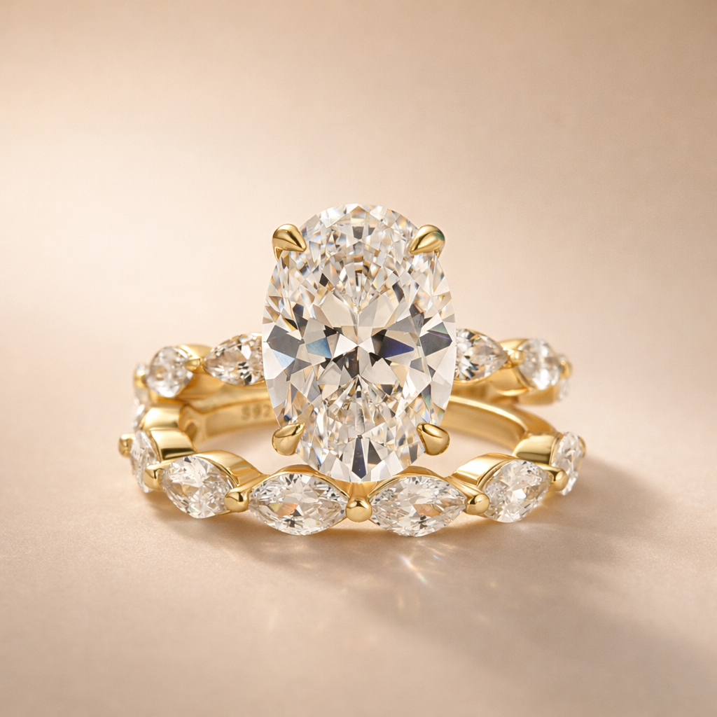 S925 2PC Wedding Ring Set 4.5Ct Oval Cut Engagement Ring With Marquise Cut Full Wedding Band
