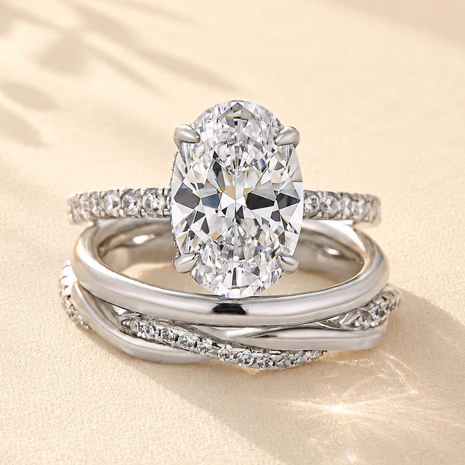 S925 3PC 4.0Ct Oval Cut Hidden Halo Ring & Twist Band Stackable Statement Ring Sets For Travel