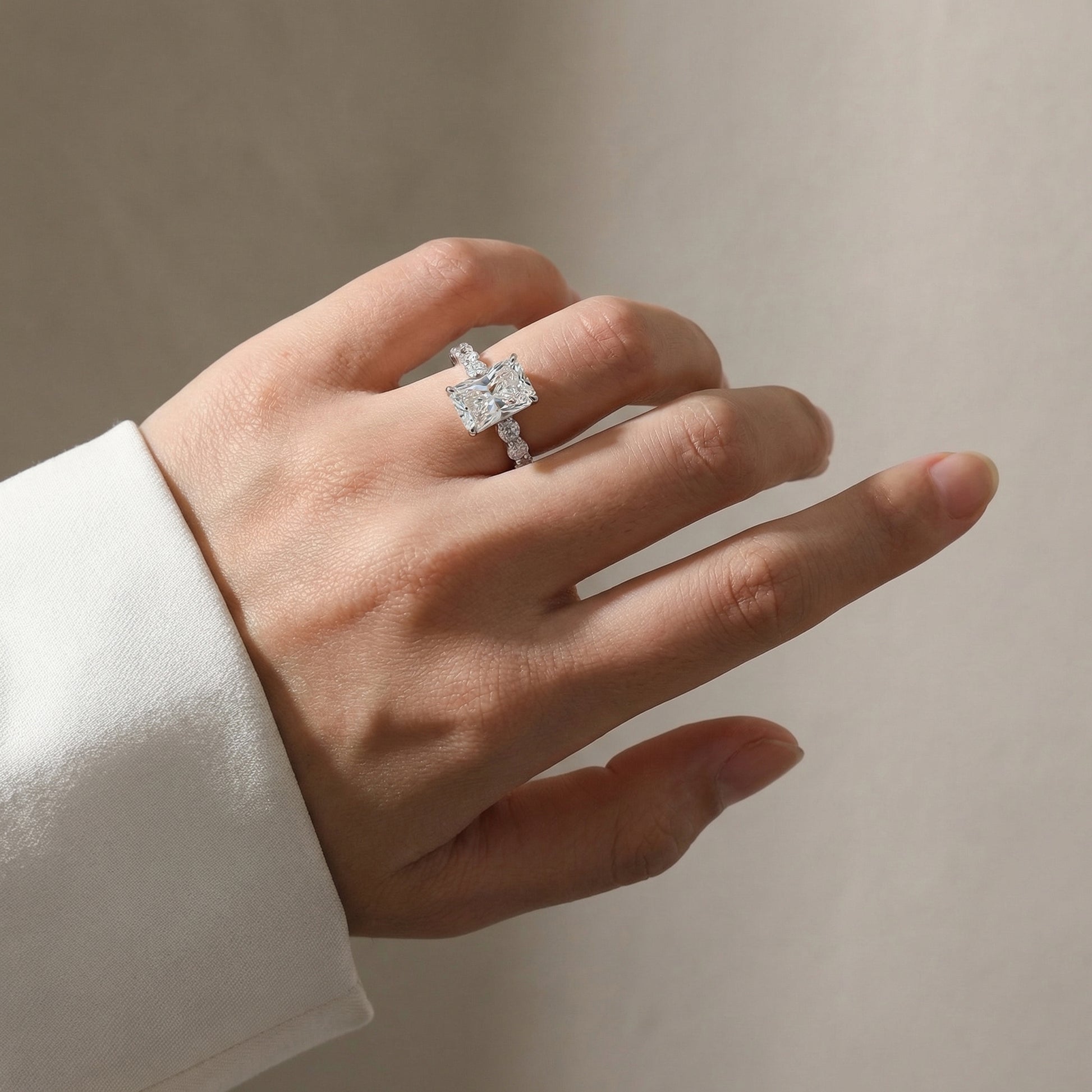 Moissanite 3.5Ct Radiant Cut White Gold Pavé Engagement Ring For Women - louilyjewelry
