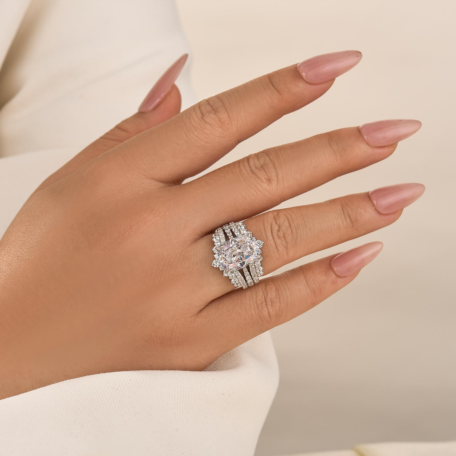 2PC Enhancer Wedding Set 5.5Ct Cushion Cut Hidden Halo Engagement Ring with Full Eternity Wedding Band