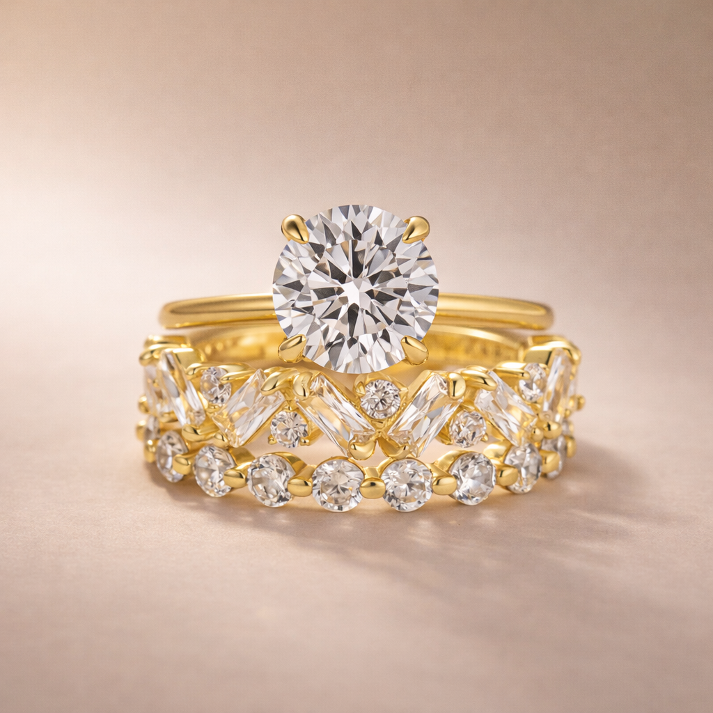 S925 3PC 2.0Ct Solitaire Round Cut Yellow Gold Engagement Ring with Round& Emerald Cut Band