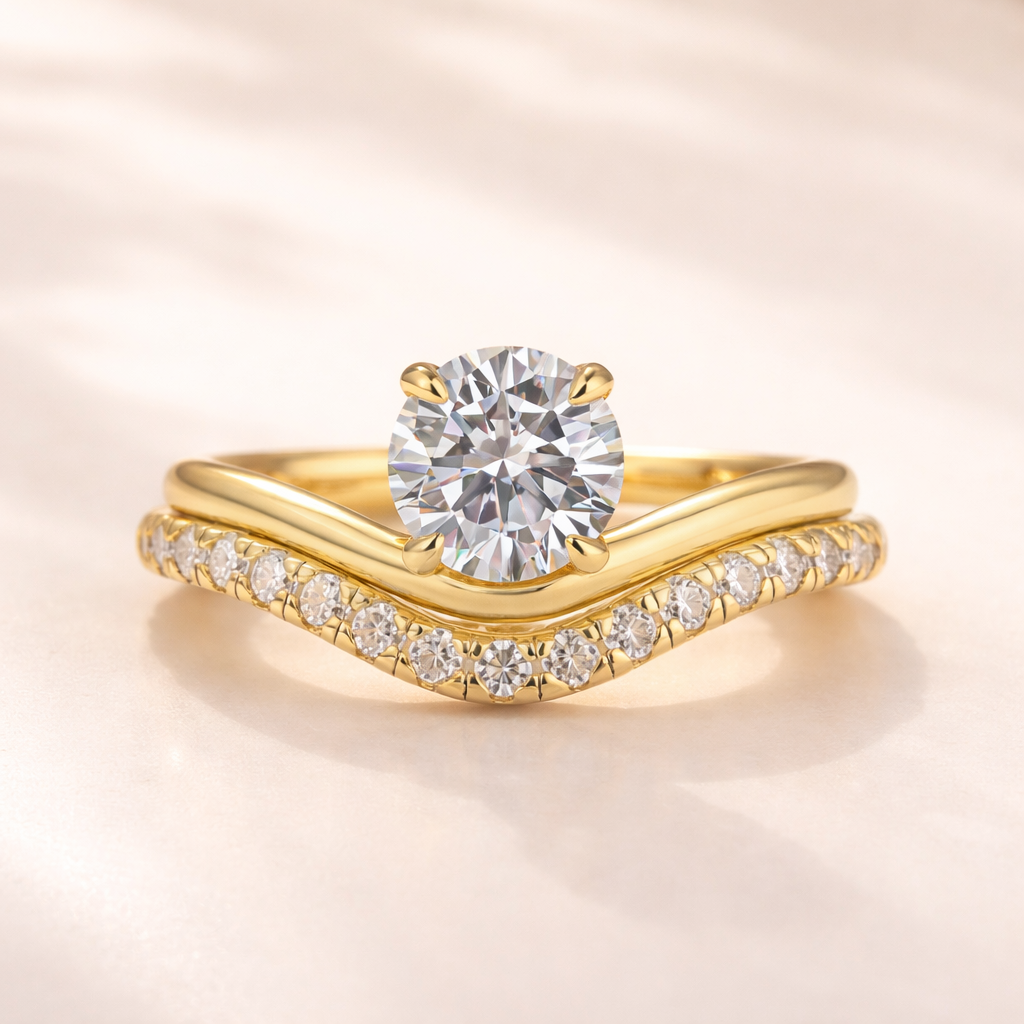 S925 Moissanite 1.0Ct Round Cut Promise Ring & V-Shaped 0.255Ct Band Stackable Bridal Ring Set