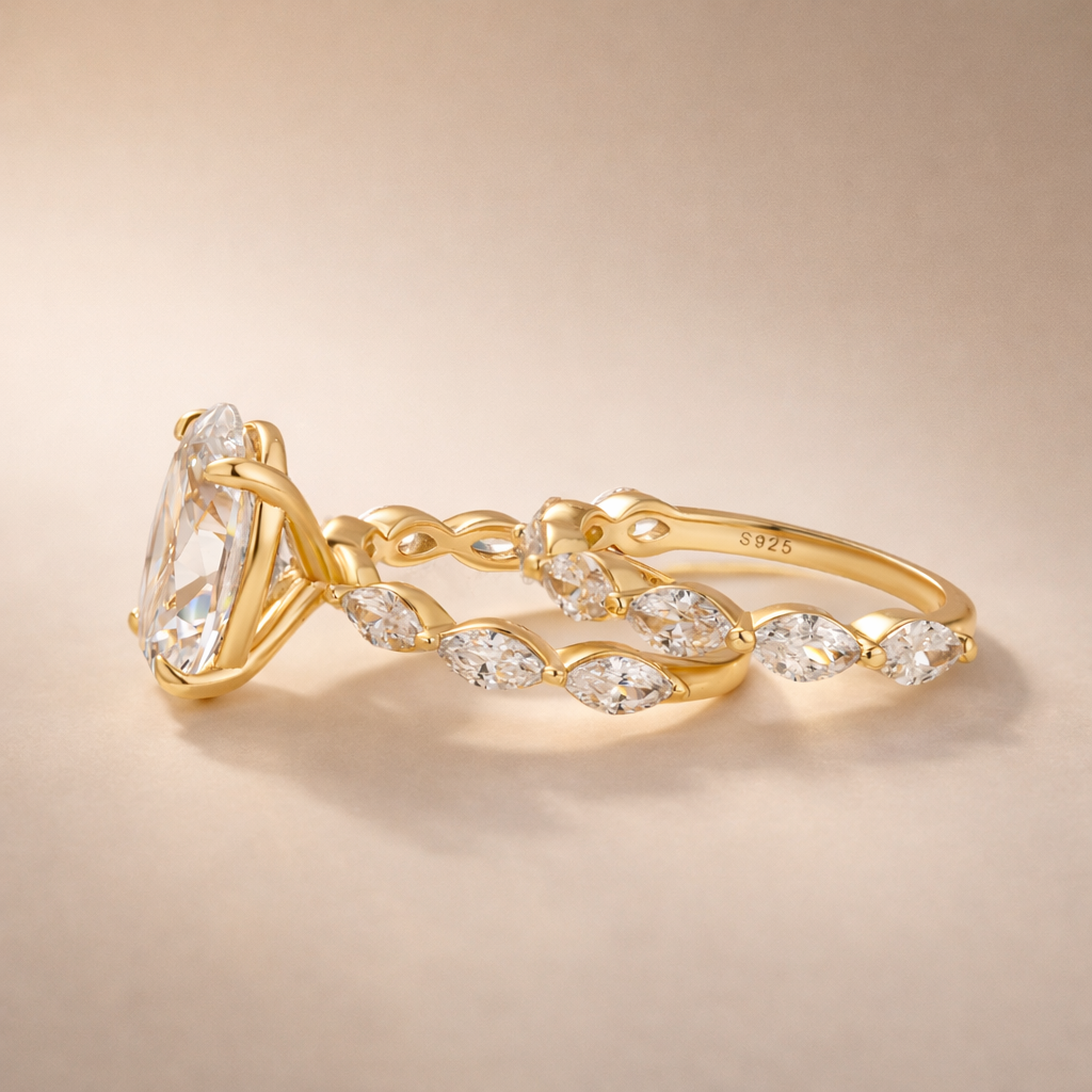 S925 2PC Wedding Ring Set 4.5Ct Oval Cut Engagement Ring With Marquise Cut Full Wedding Band