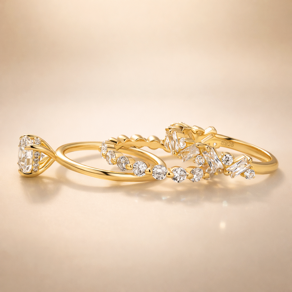 S925 3PC 2.0Ct Solitaire Round Cut Yellow Gold Engagement Ring with Round& Emerald Cut Band