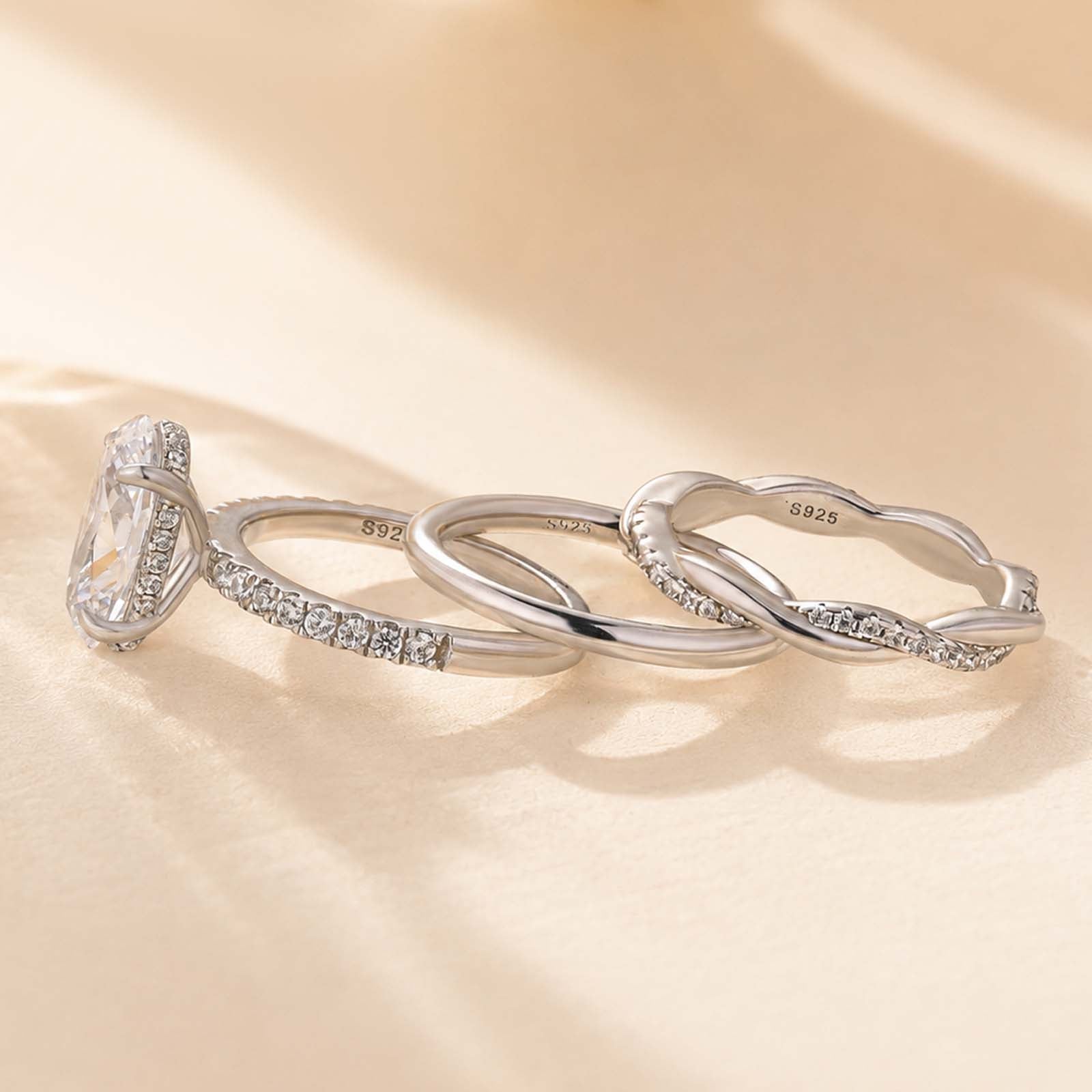 S925 3PC 4.0Ct Oval Cut Hidden Halo Ring & Twist Band Stackable Statement Ring Sets For Travel