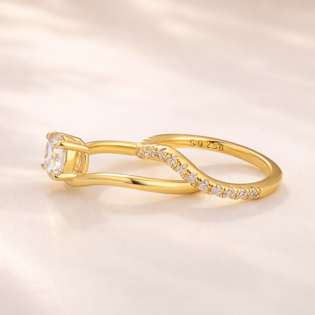 S925 Moissanite 1.0Ct Round Cut Promise Ring & V-Shaped 0.255Ct Band Stackable Bridal Ring Set