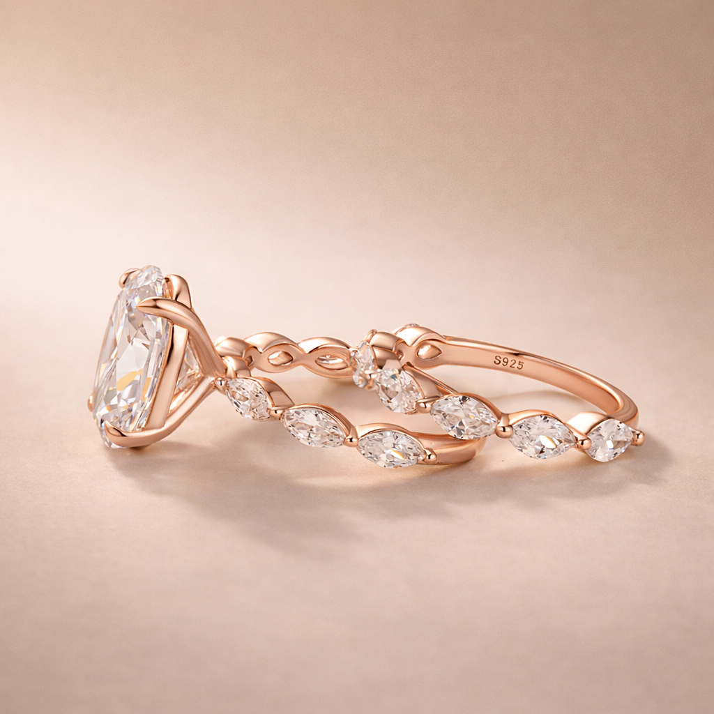 S925 2PC Wedding Ring Set 4.5Ct Oval Cut Engagement Ring With Marquise Cut Full Wedding Band