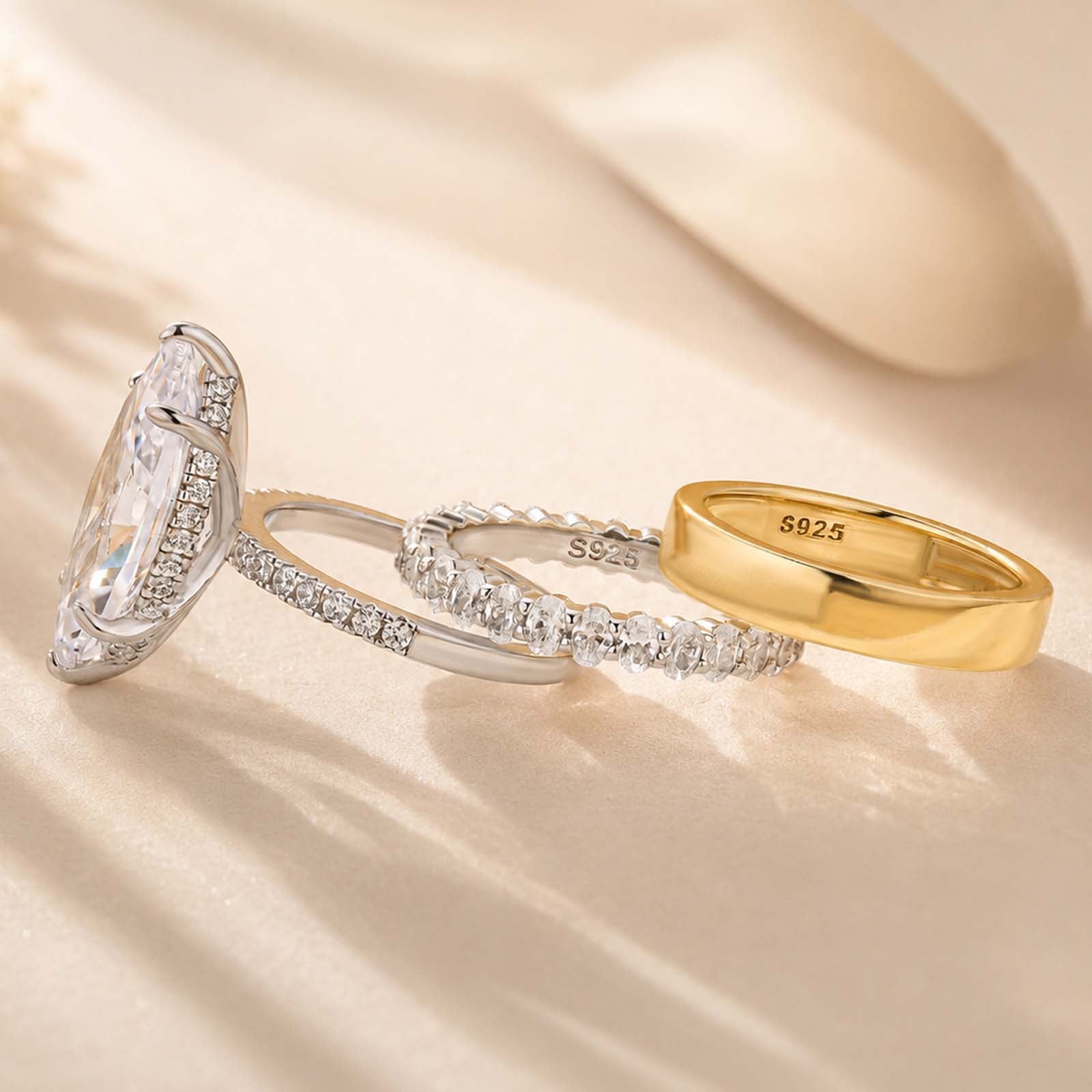 S925 3PC 6.0Ct Marquise Cut Hidden Halo Stackable Statement Ring Sets For Everyday Wear