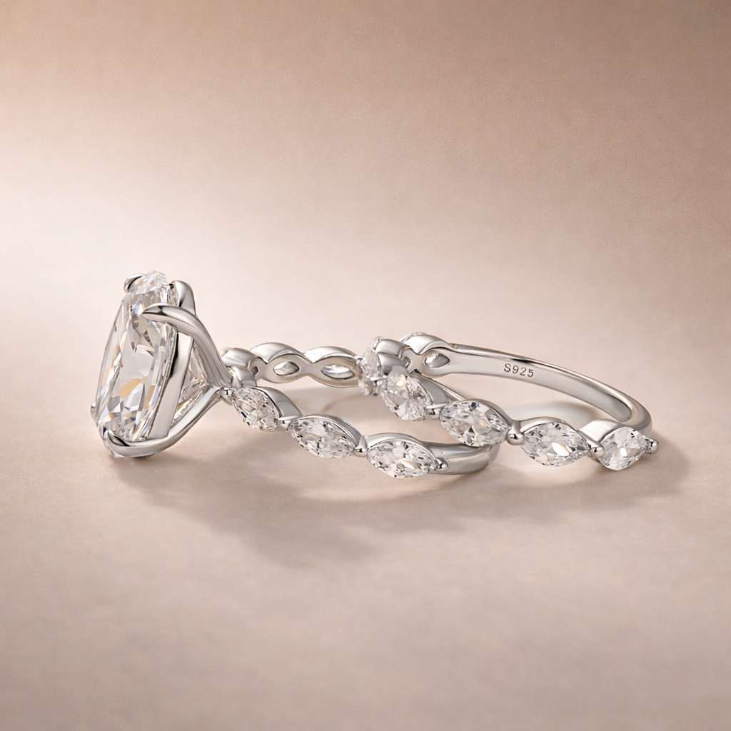 S925 2PC Wedding Ring Set 4.5Ct Oval Cut Engagement Ring With Marquise Cut Full Wedding Band