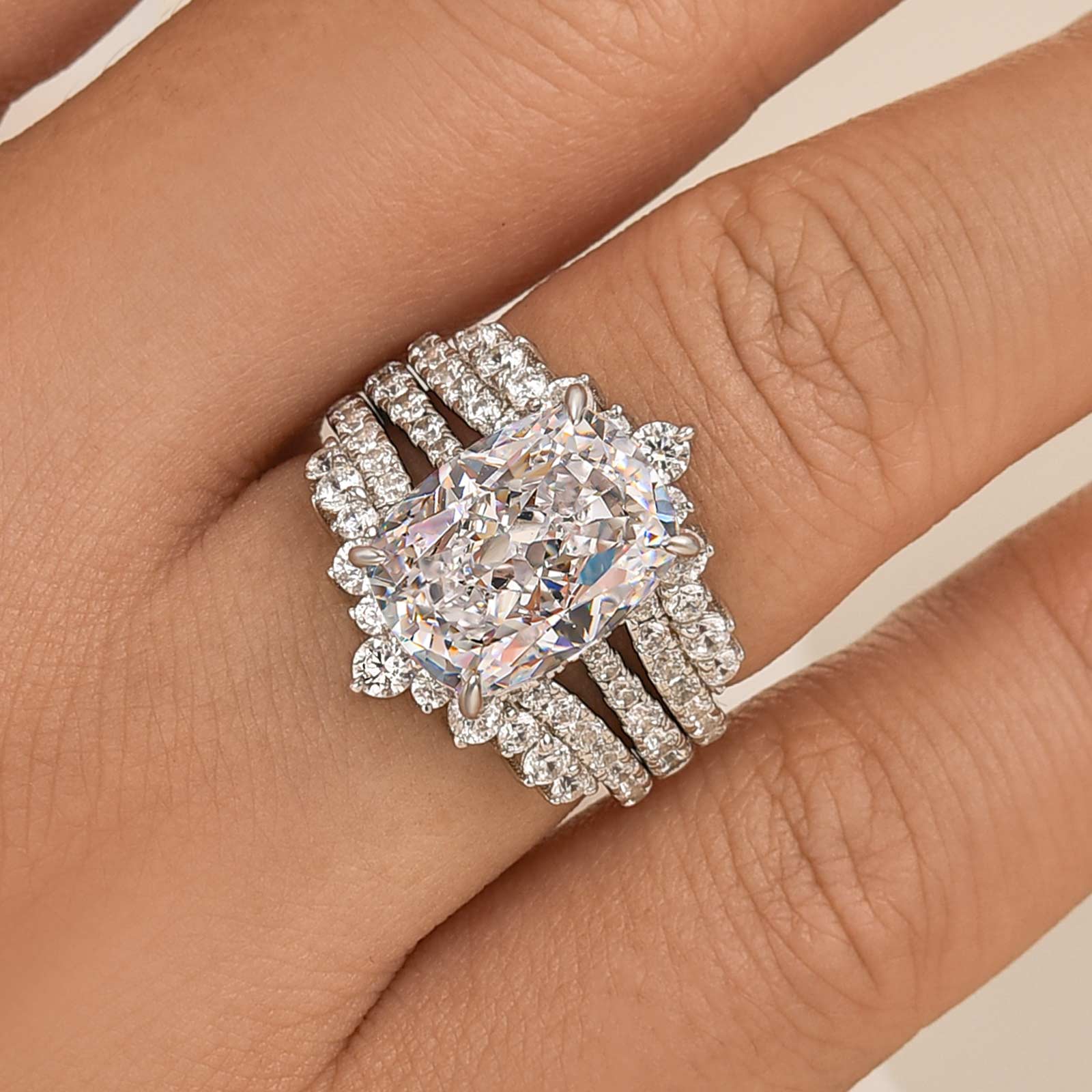 2PC Enhancer Wedding Set 5.5Ct Cushion Cut Hidden Halo Engagement Ring with Full Eternity Wedding Band