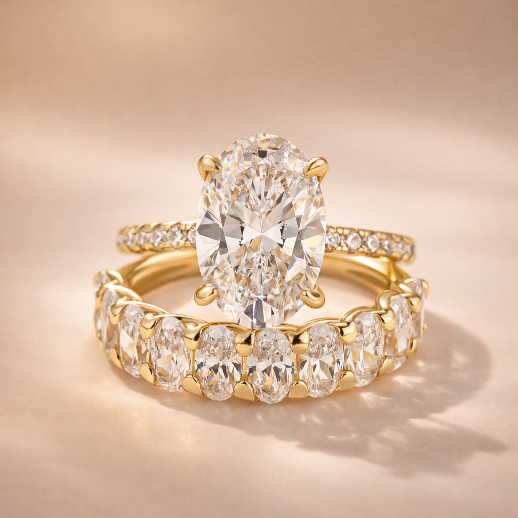 S925 4.0Ct Wedding Set Oval Cut Engagement Ring With Half Oval Cut Wedding Rings