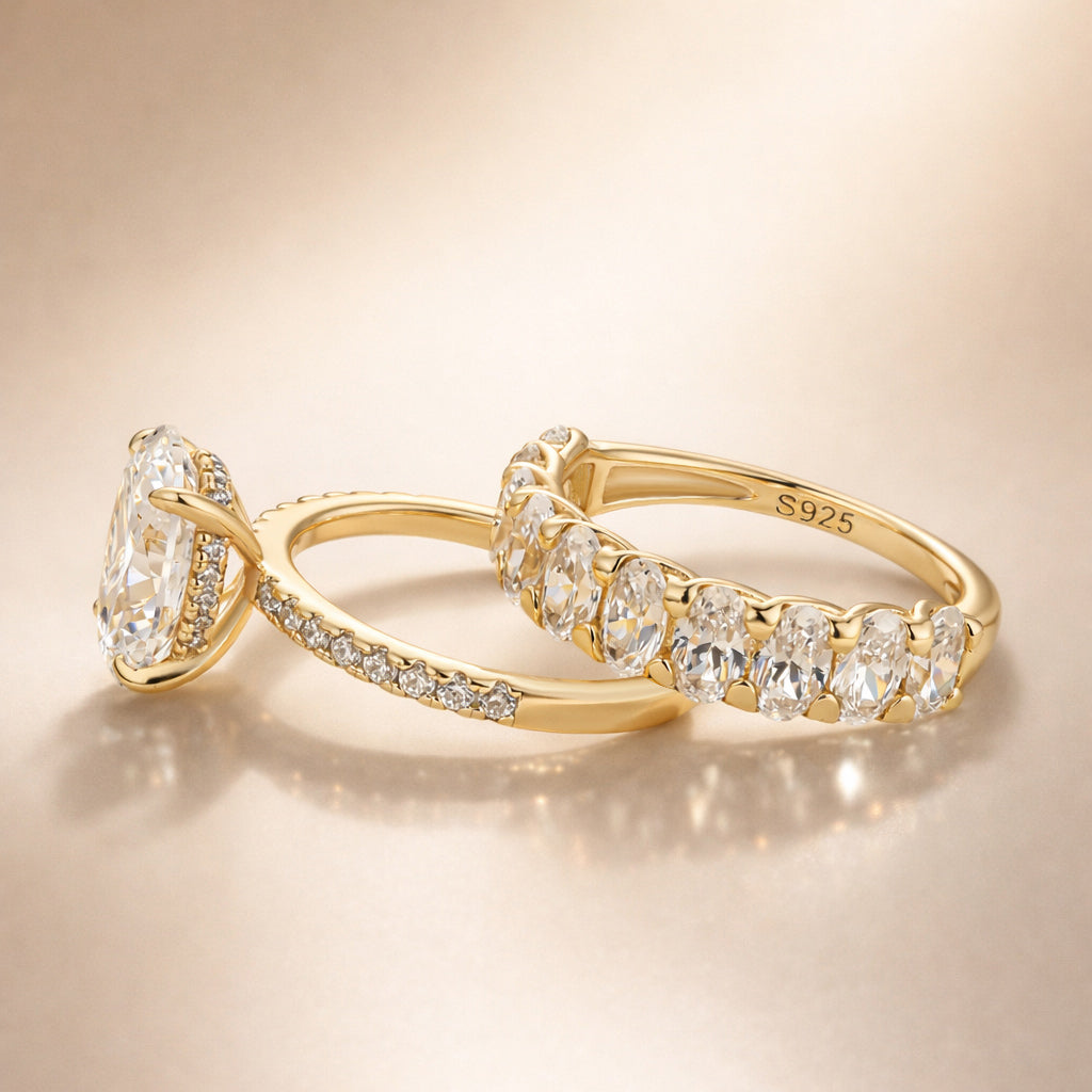 S925 4.0Ct Wedding Set Oval Cut Engagement Ring With Half Oval Cut Wedding Rings