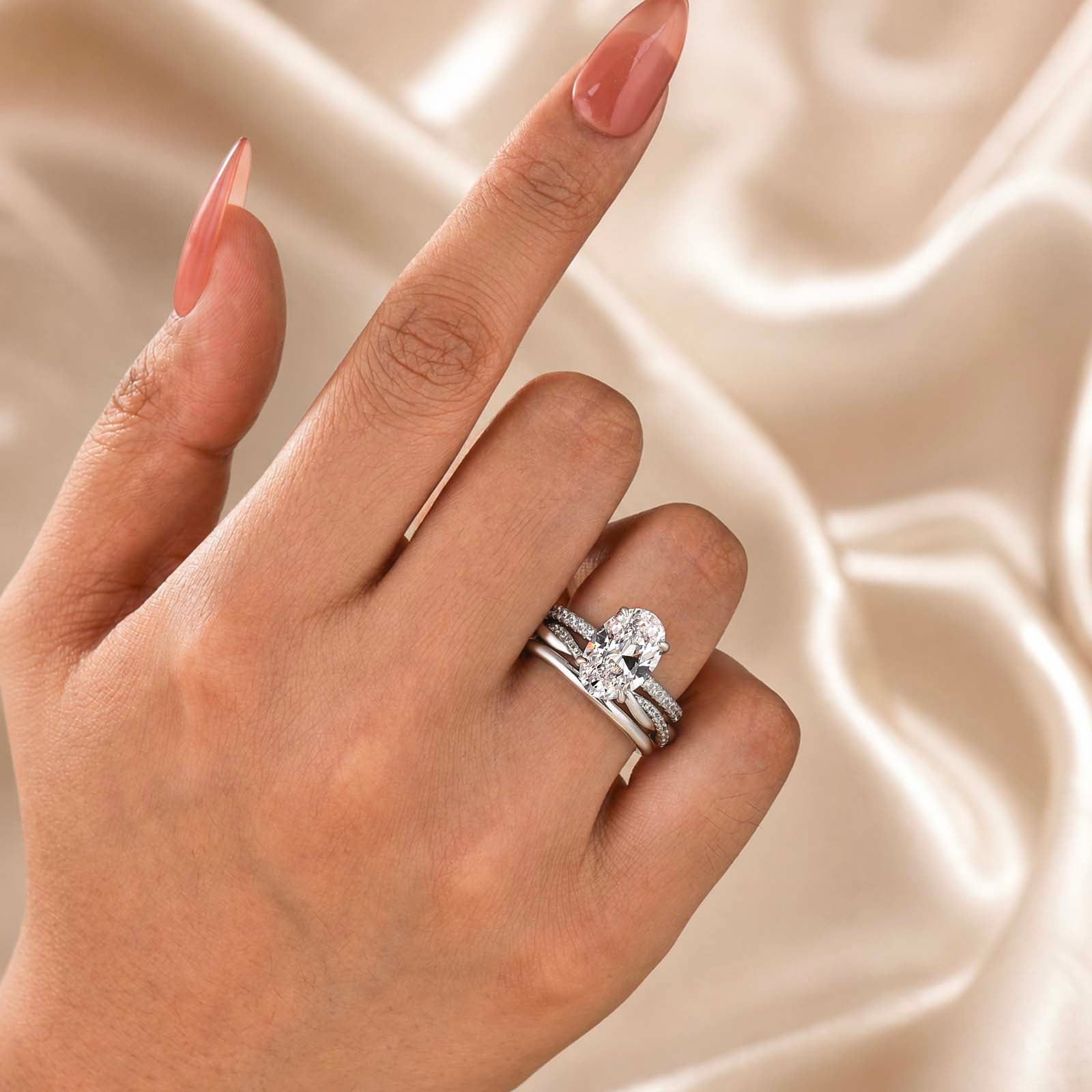 S925 3PC 4.0Ct Oval Cut Hidden Halo Ring & Twist Band Stackable Statement Ring Sets For Travel
