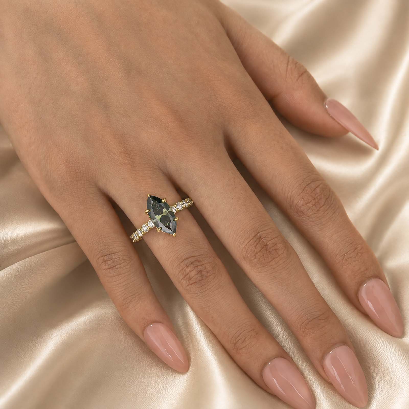 S925 Moissanite 3.0 Ct Marquise Cut Side Stone Yellow Gold Engagement Ring/Wedding Set In Sterling Silver