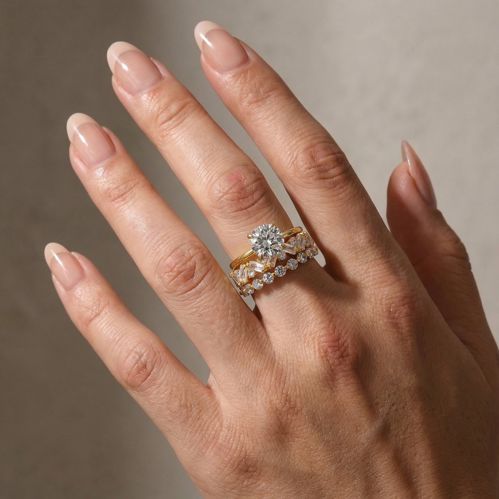 S925 3PC 2.0Ct Solitaire Round Cut Yellow Gold Engagement Ring with Round& Emerald Cut Band