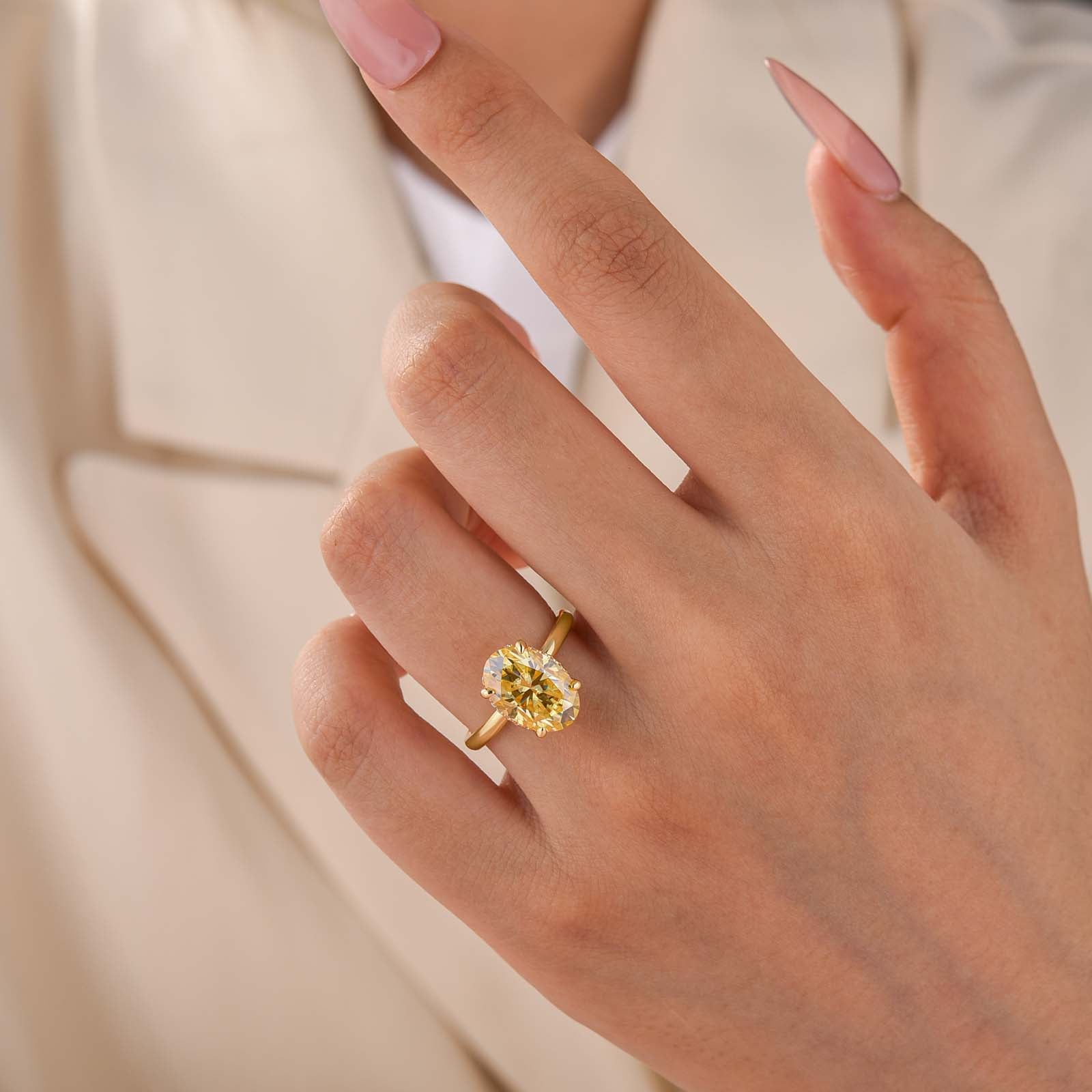 S925 Moissanite 4.0Ct Oval Cut Solitaire Lemon Yellow Very Wearable Ring For Travel