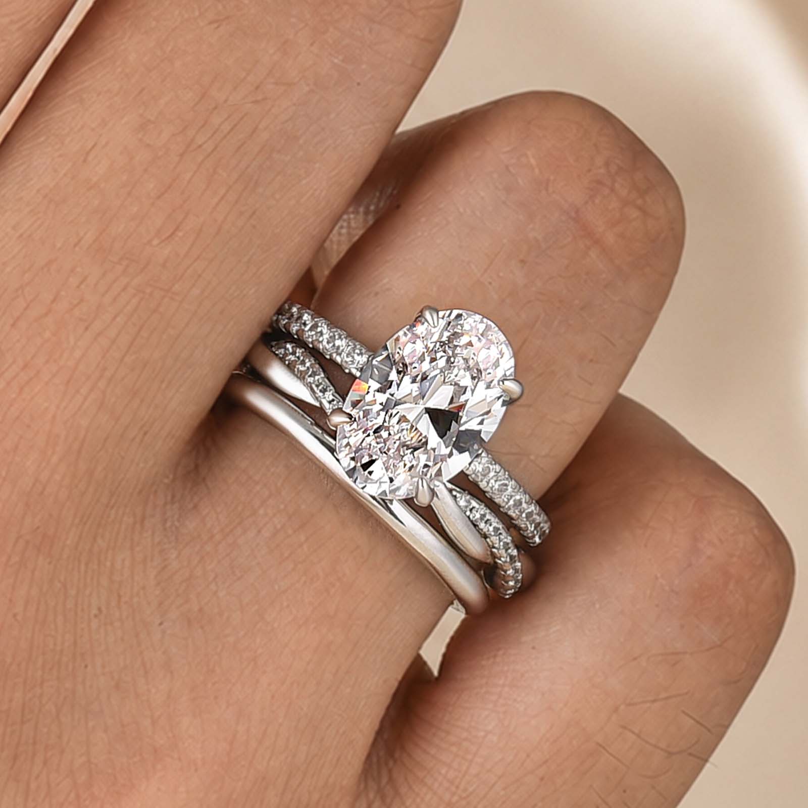 S925 3PC 4.0Ct Oval Cut Hidden Halo Ring & Twist Band Stackable Statement Ring Sets For Travel