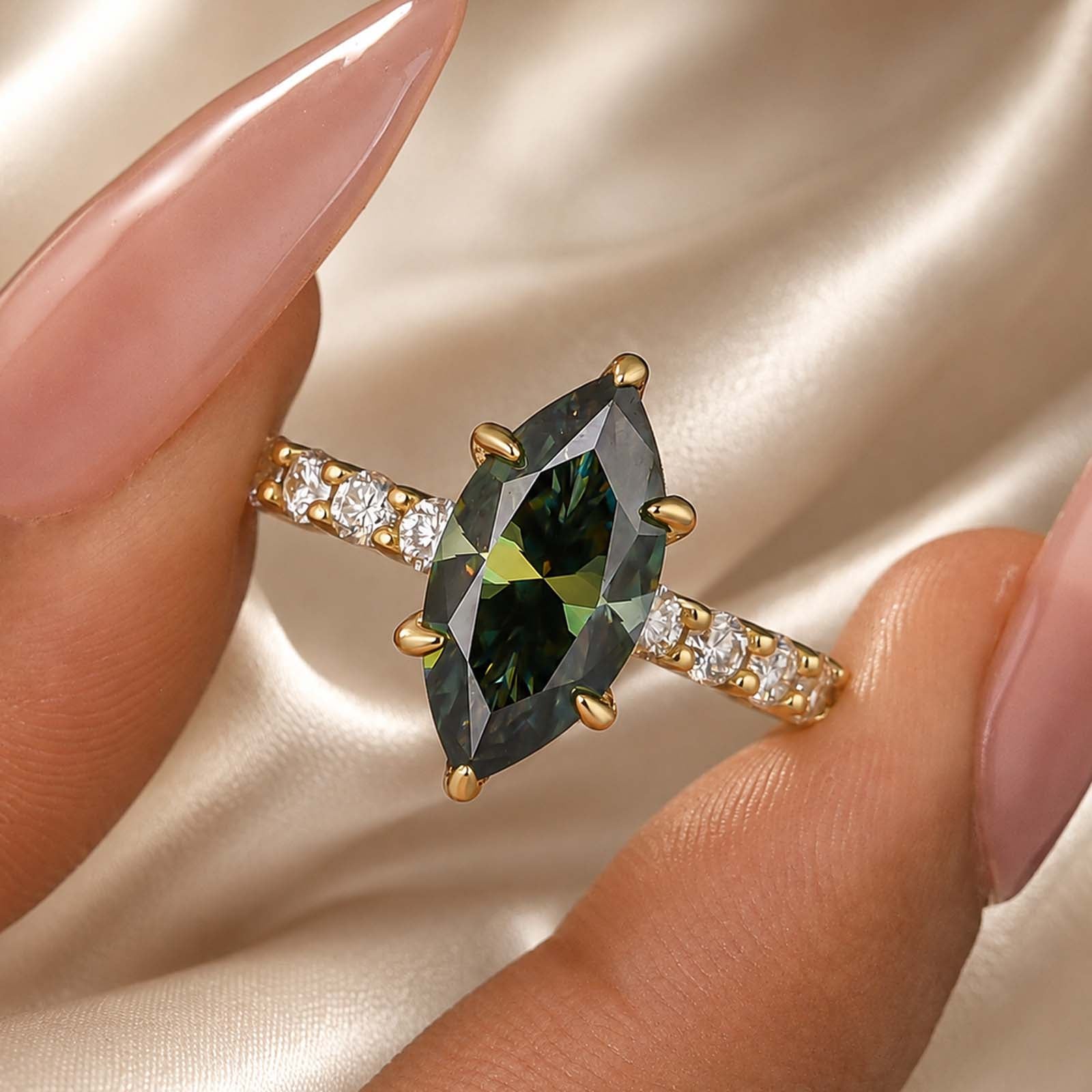 S925 Moissanite 3.0 Ct Marquise Cut Side Stone Yellow Gold Engagement Ring/Wedding Set In Sterling Silver