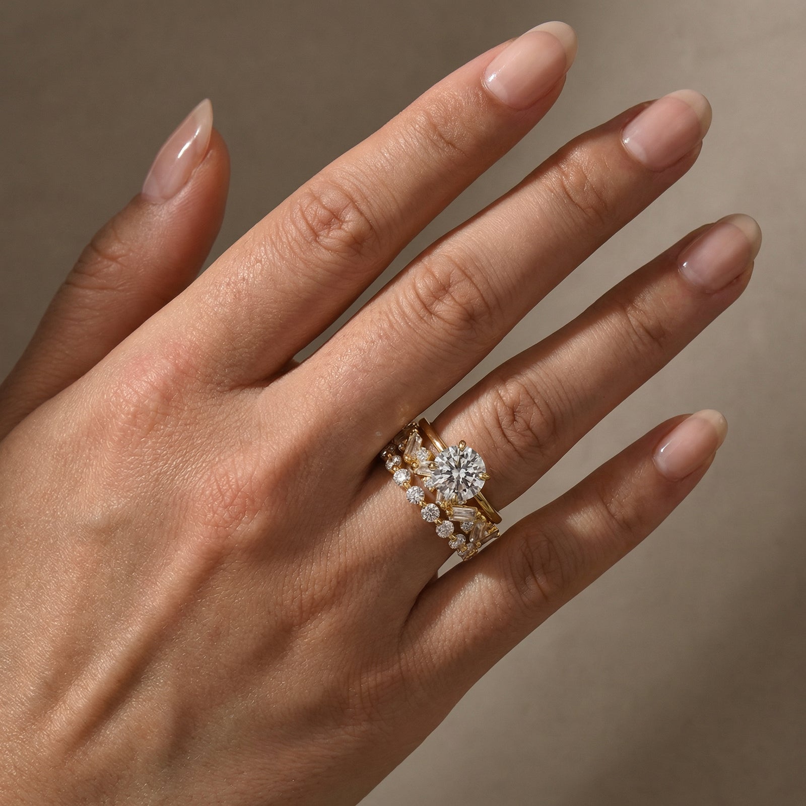 S925 3PC 2.0Ct Solitaire Round Cut Yellow Gold Engagement Ring with Round& Emerald Cut Band