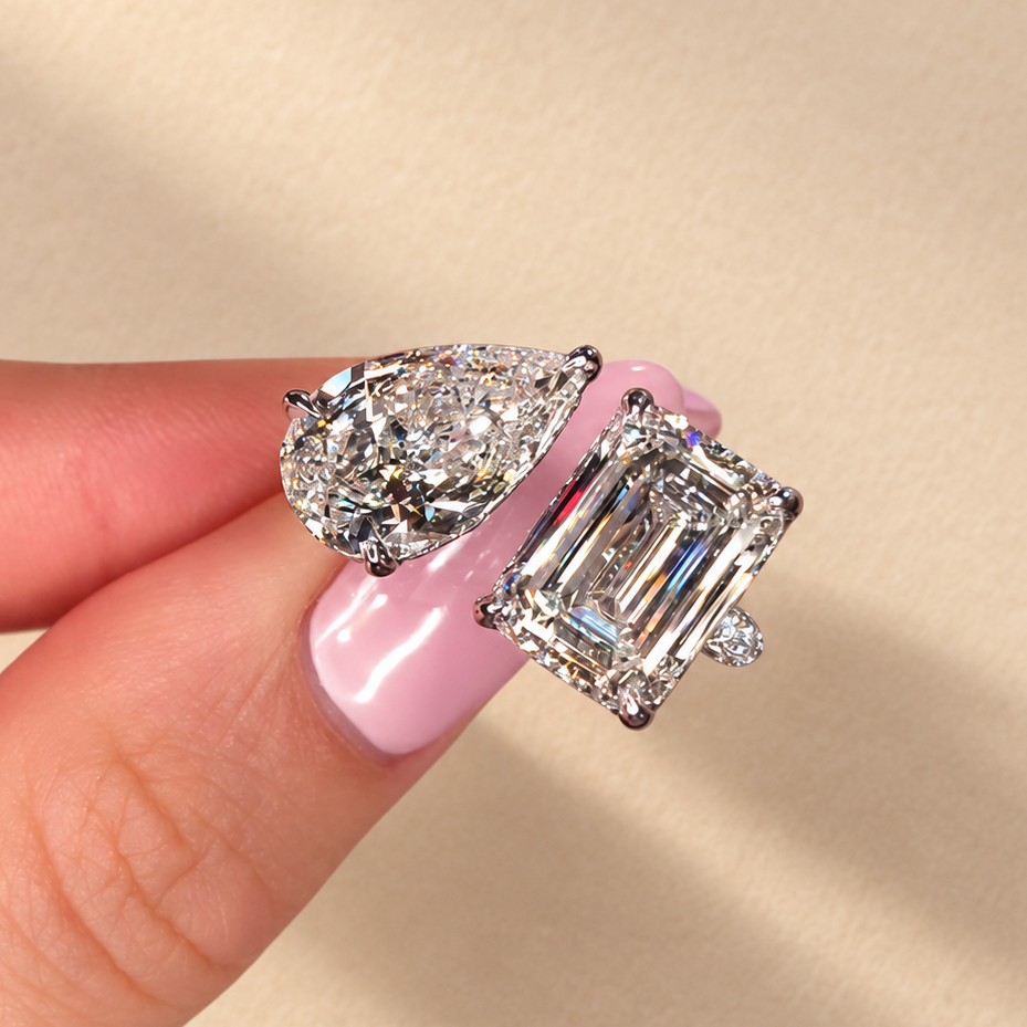 Louily Unique Double Stones Design Emerald Cut & Pear Cut Engagement Ring