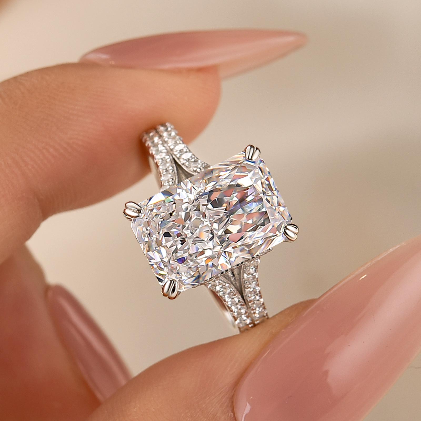 5.5Ct Radiant Cut Side Stone Engagement Ring Travel Ring In Sterling Silver