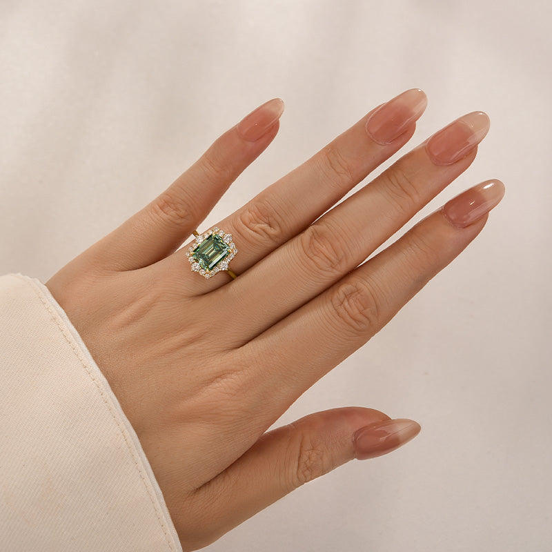 Moissanite 3.0Ct Yellow Gold Halo Emerald Stone Emerald Cut Engagement Ring