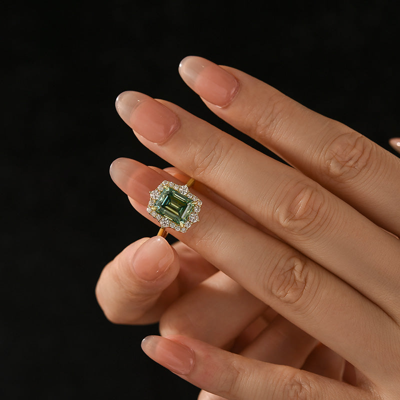 Moissanite 3.0Ct Yellow Gold Halo Emerald Stone Emerald Cut Engagement Ring