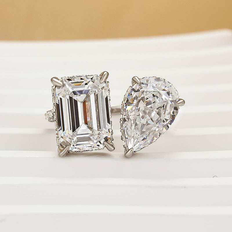 Louily Unique Double Stones Design Emerald Cut & Pear Cut Engagement Ring - louilyjewelry