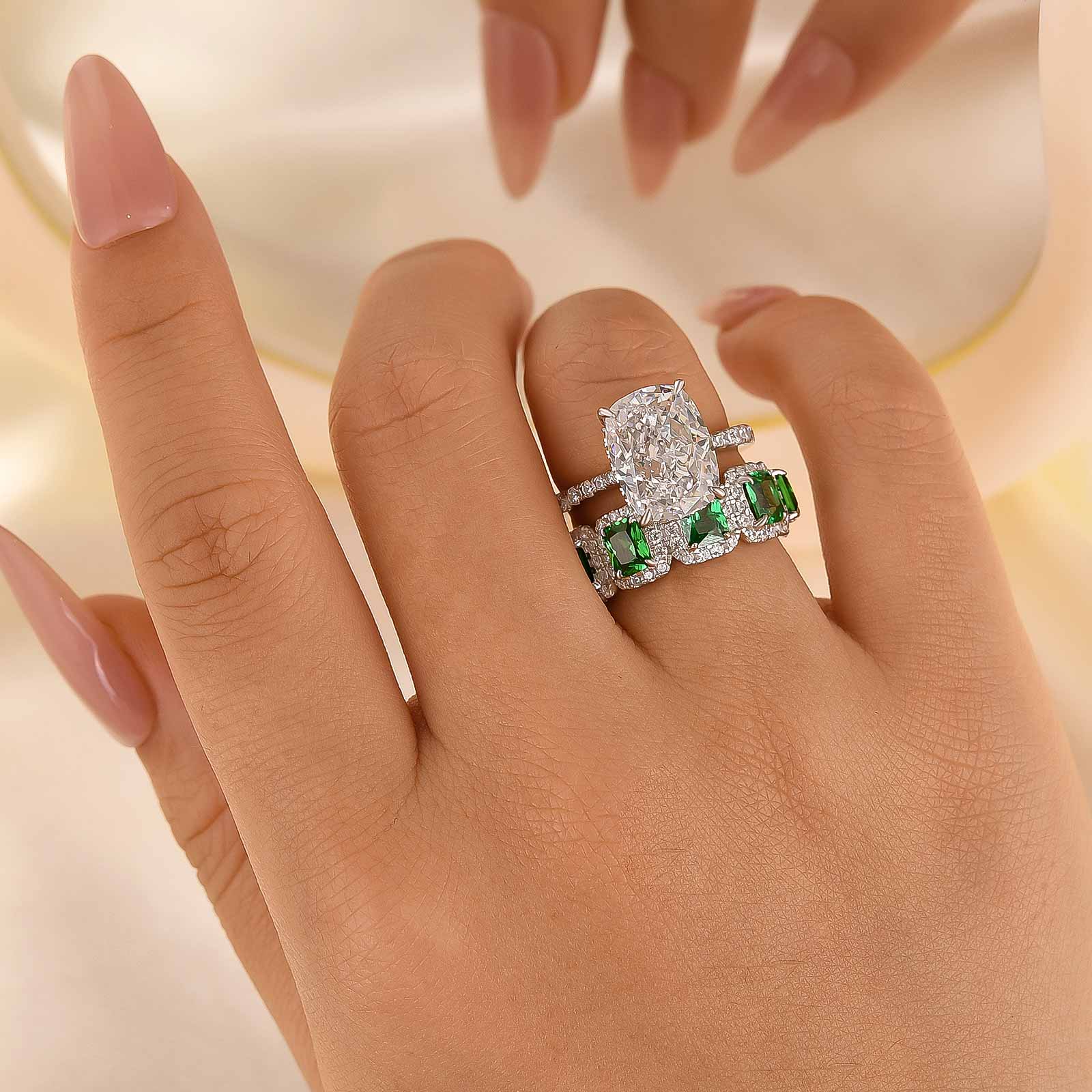 Vintage 5.5Ct Cushion Cut Wedding Ring Set With Halo Emerald Cut Half Wedding Band