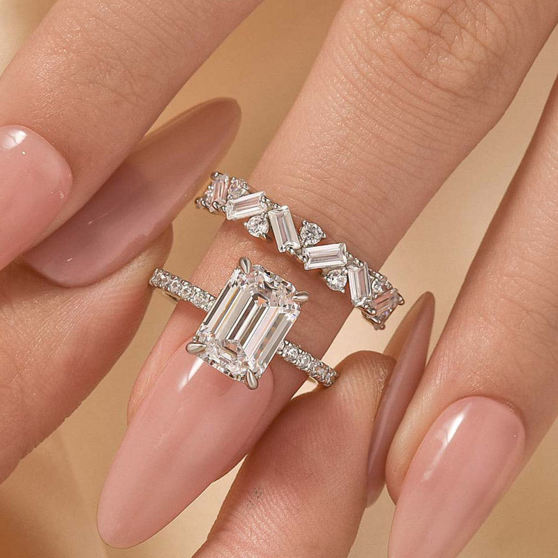 3.5Ct Emerald Cut Wedding Ring Set With Unique Wedding Band - louilyjewelry