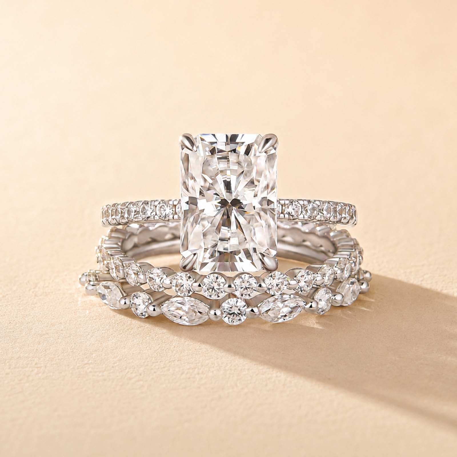 S925 3.5Ct Radiant Cut 3PC Wedding Ring Set Stackable Rings For Everyday Wear