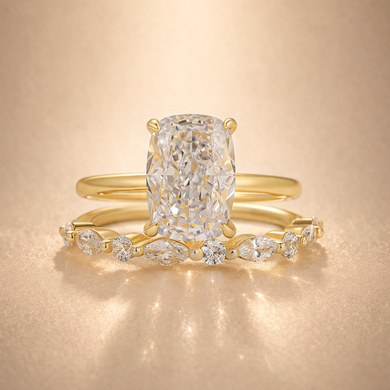 S925 2PC 3.0Ct Cushion Cut Yellow Gold Engagement Ring Set with Marquise & Round Cut Band