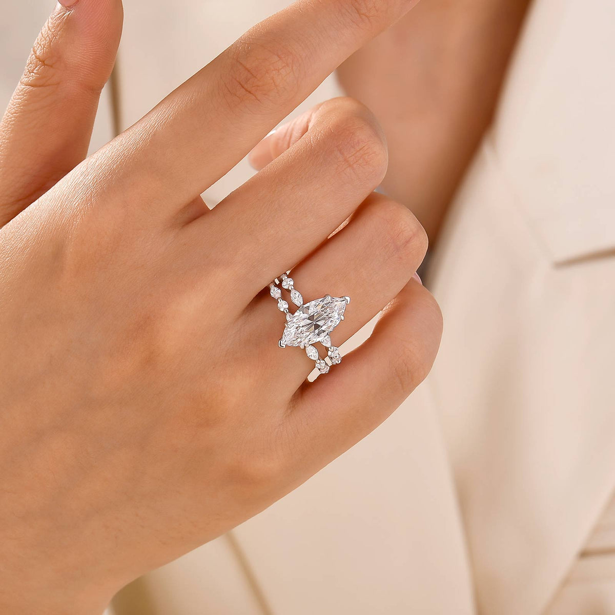 S925 3.0Ct Marquise Cut Engagement Ring & Matching Wedding Band Stackable Ring Sets in Sterling Silver