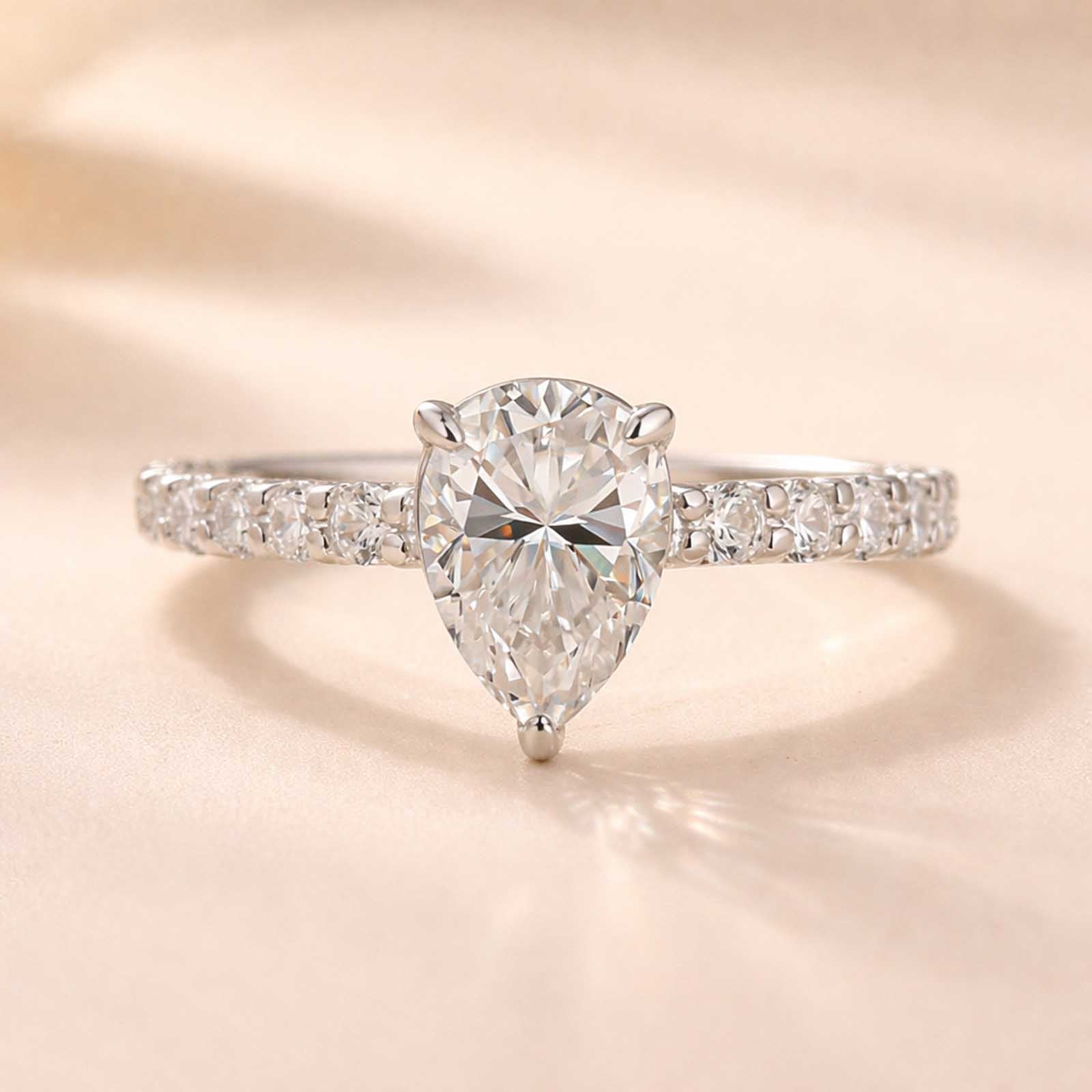 Louily Moissanite 2.0 Carat Pear Cut 18K White Gold Pavé Band Solitaire Style Engagement Ring