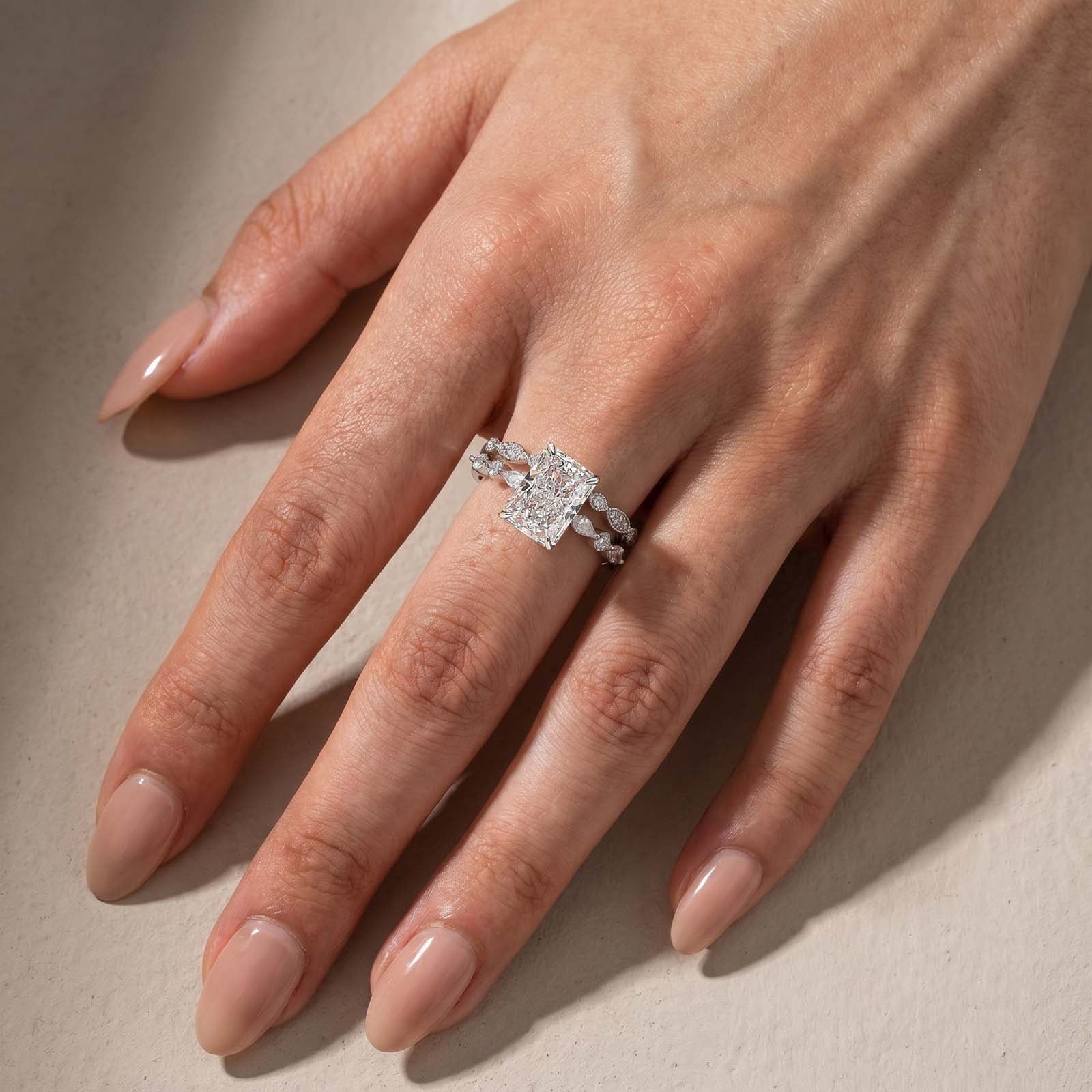 S925 3.5Ct Radiant Cut Engagement Ring with Vintage Round Cut Wedding Band In Sterling Silver