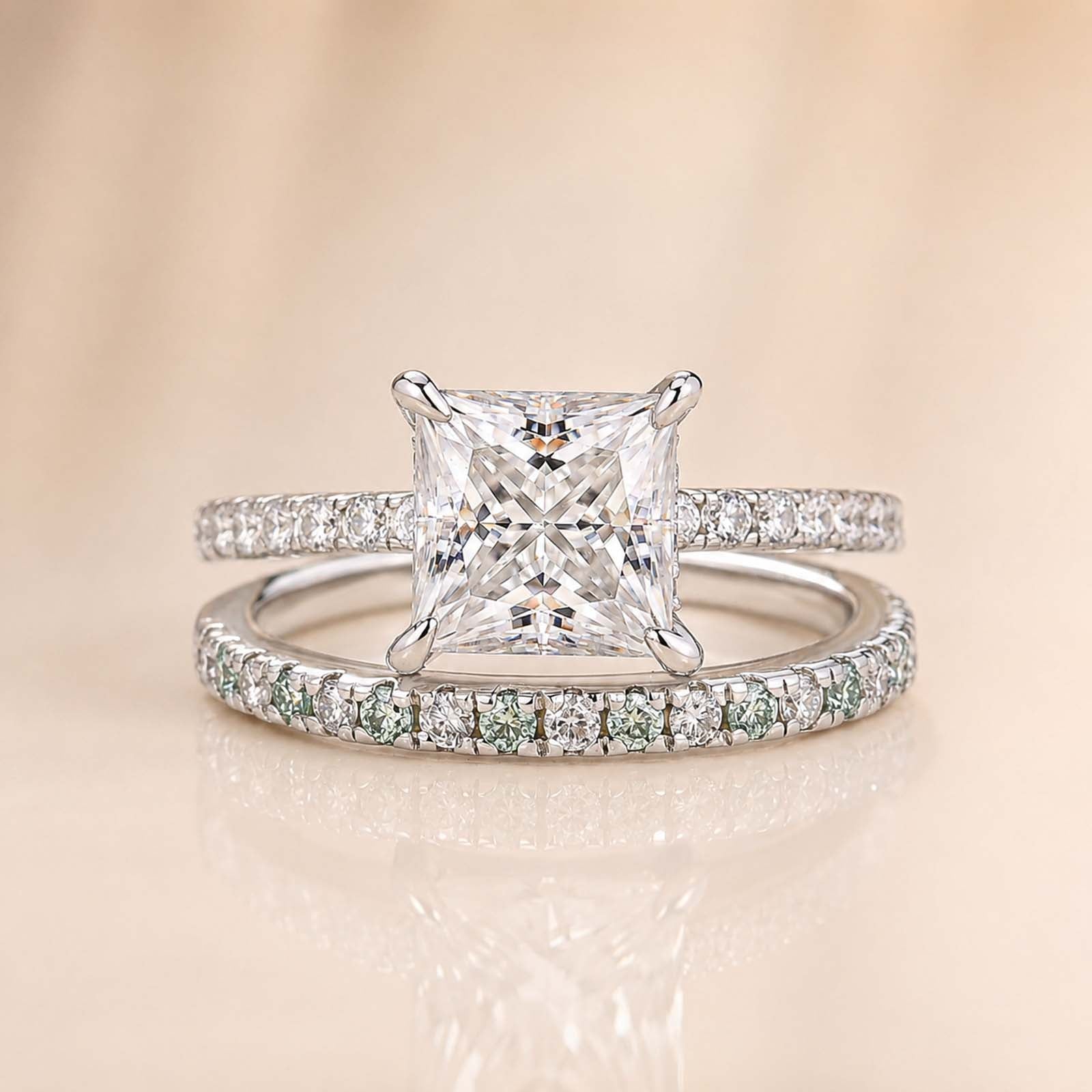 S925 Moissanite 2CT Princess Cut Engagement Ring Set 2PC Hidden Halo Solitaire Ring With Wedding Band