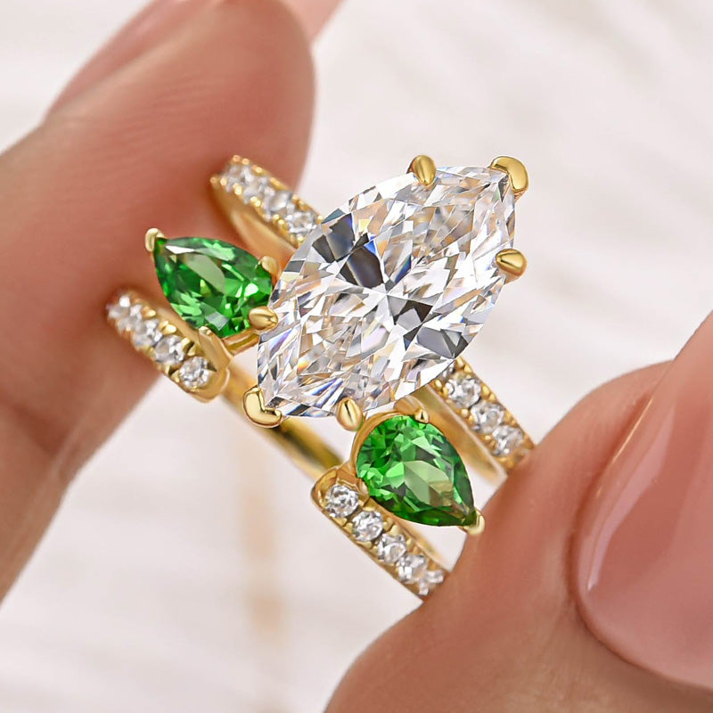 S925 2PC 4.0Ct Marquise Cut Half Eternity Engagement Ring & Green Pear Cut Enhancer Band