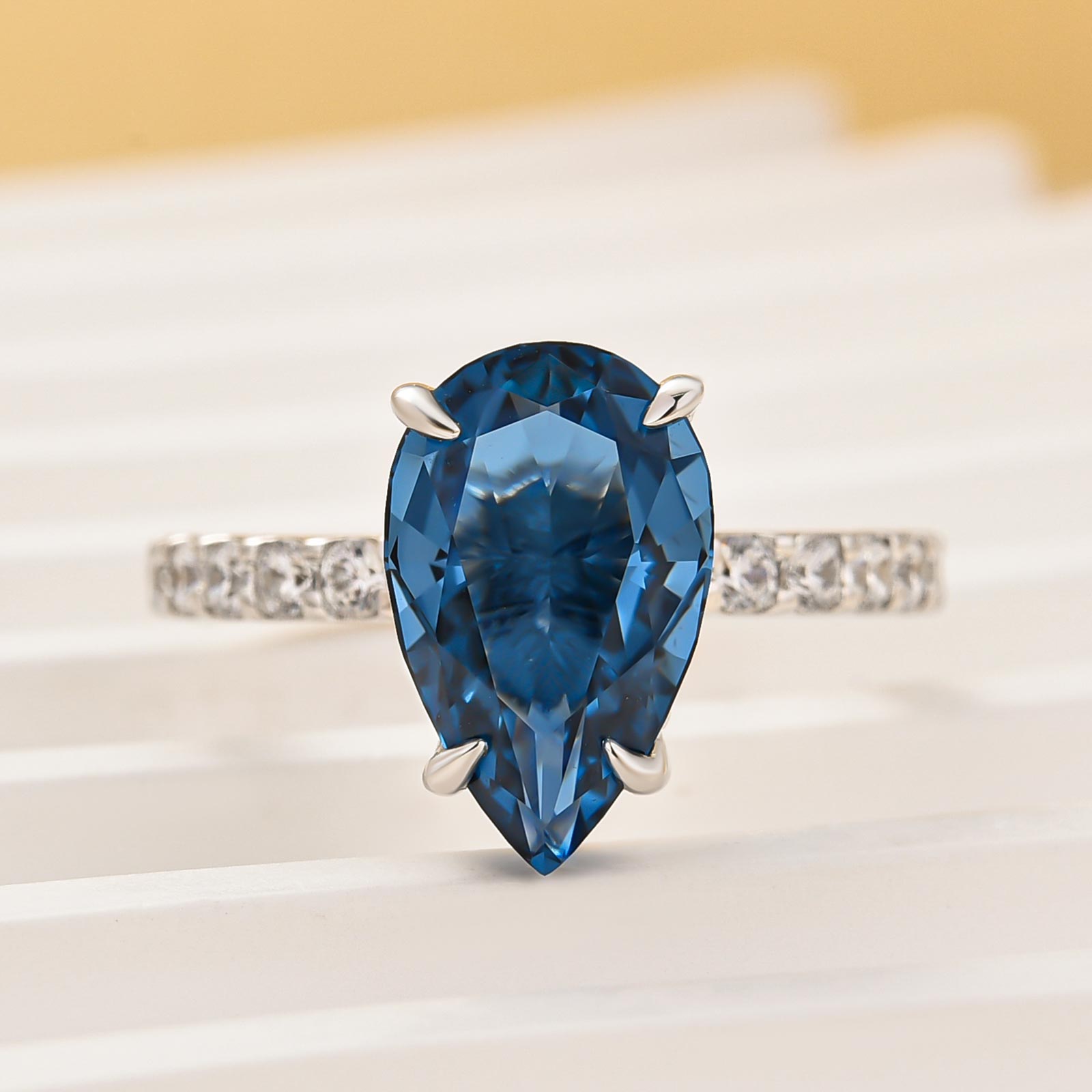 Louily Unique 3.0 Carat Pear Cut Blue Sapphire Engagement Ring In Sterling Silver