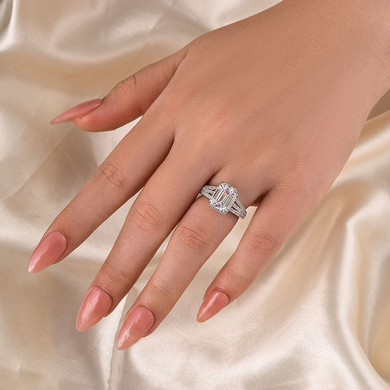 Louily Exclusive Split Shank Emerald Cut Engagement Ring In Sterling Silver - louilyjewelry
