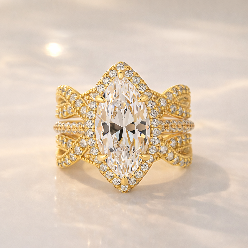 S925 3.0Ct Halo Marquise Cut Engagement Ring with Enhancer Wedding Ring - louilyjewelry