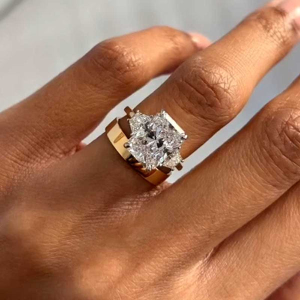 Louily Unique Three Stone Radiant Cut Wedding Ring Set